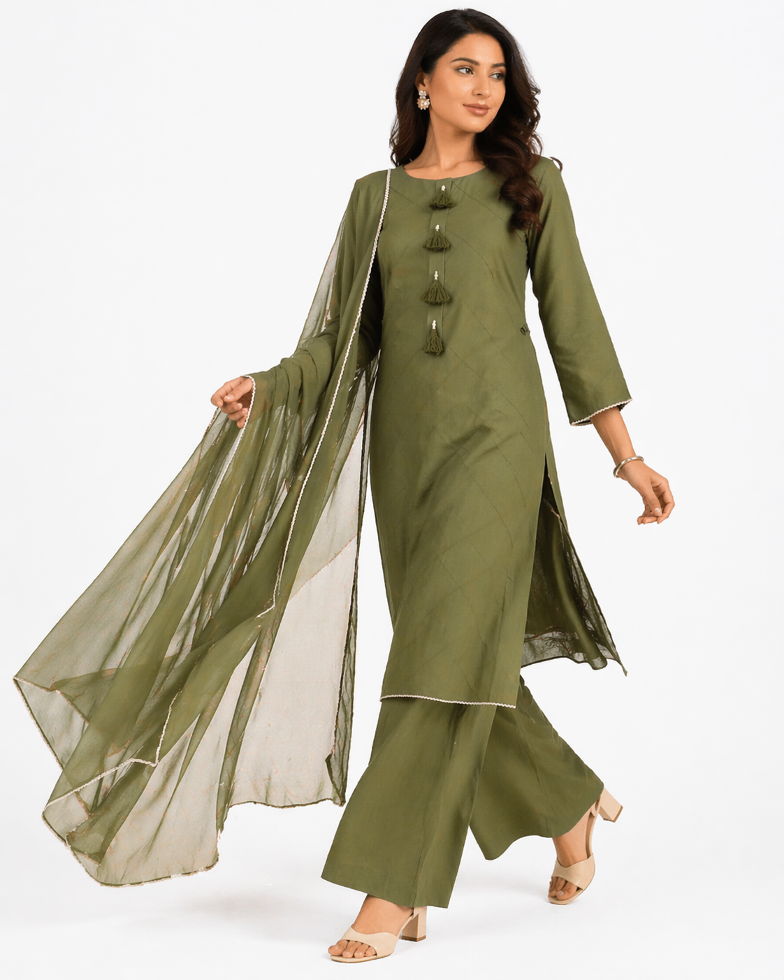 Avocado Green Katan Silk Kurti Set with Palazzo & Organza Dupatta