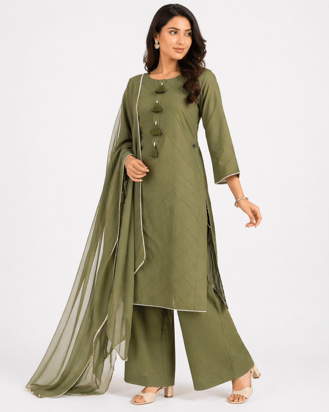 Avocado Green Katan Silk Kurti Set with Palazzo & Organza Dupatta