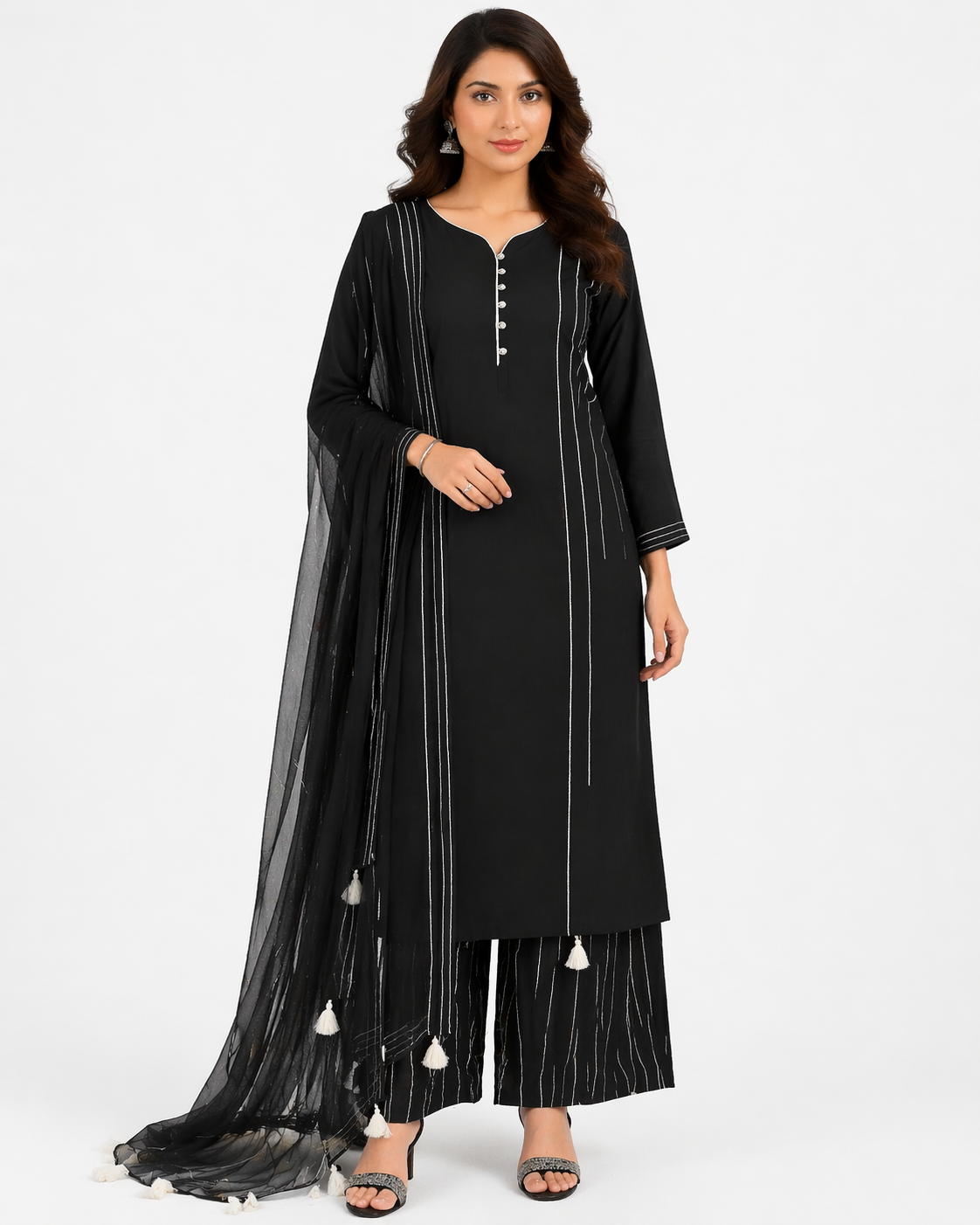 Black Katan Silk Kurti Set with Pant Thread Work