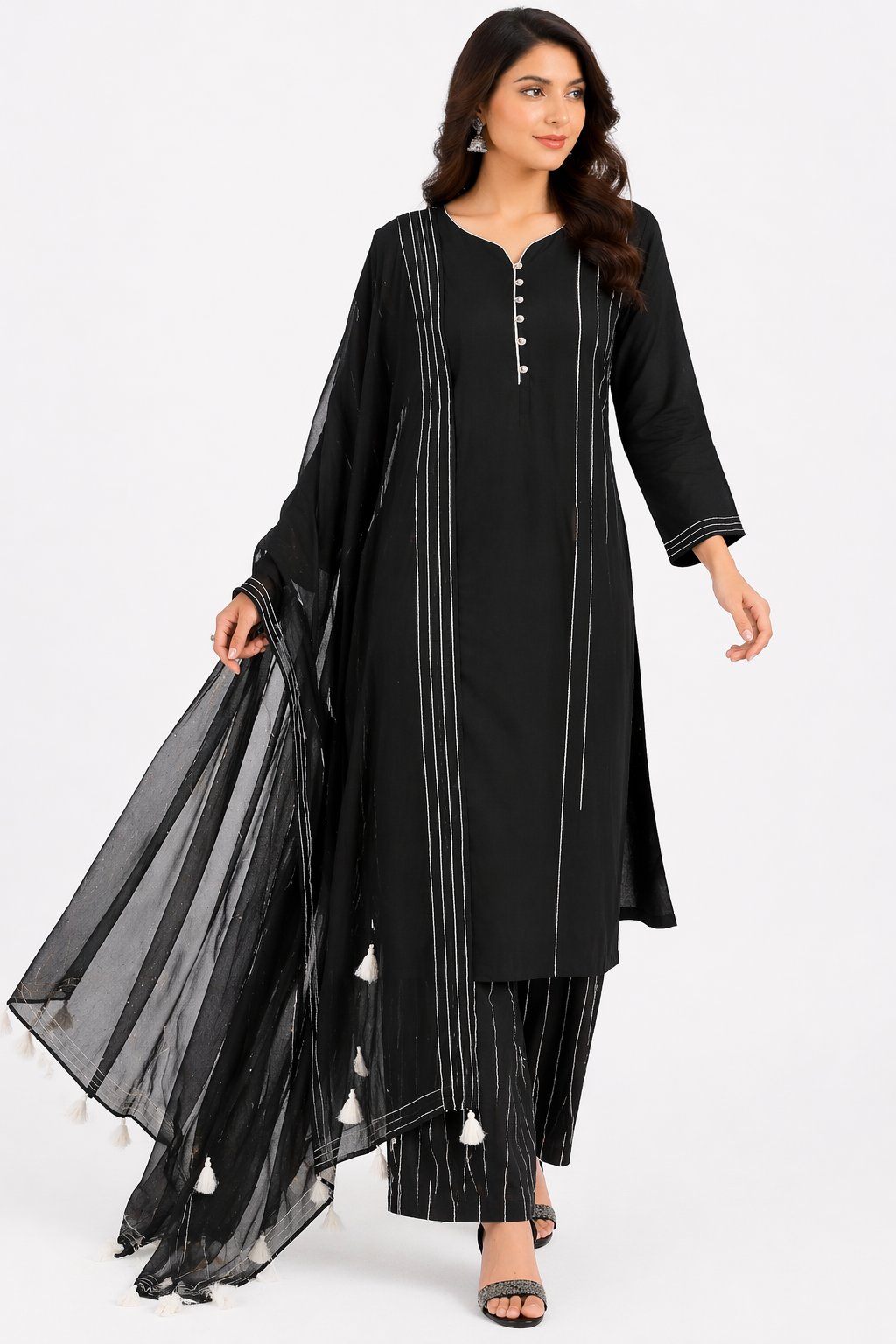 Black Katan Silk Kurti Set with Pant Thread Work