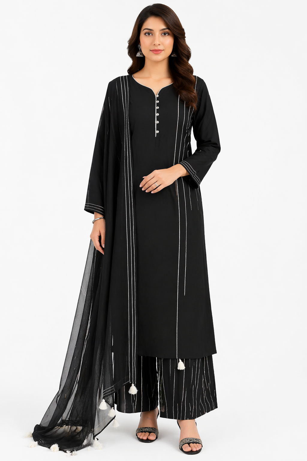 Black Katan Silk Kurti Set with Pant Thread Work