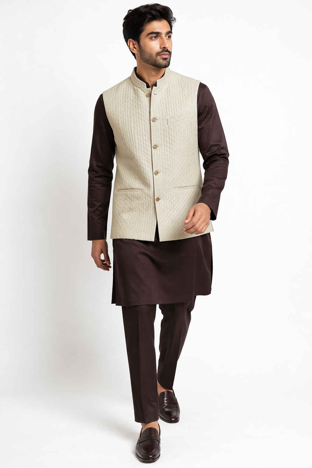 Violet Katan Silk Kurta Set with Quilted Beige Nehru Jacket & Pant