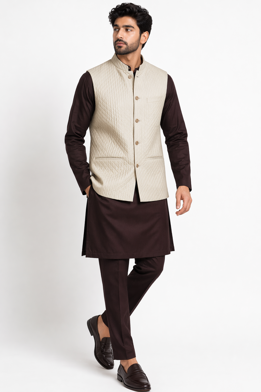 Violet Katan Silk Kurta Set with Quilted Beige Nehru Jacket & Pant