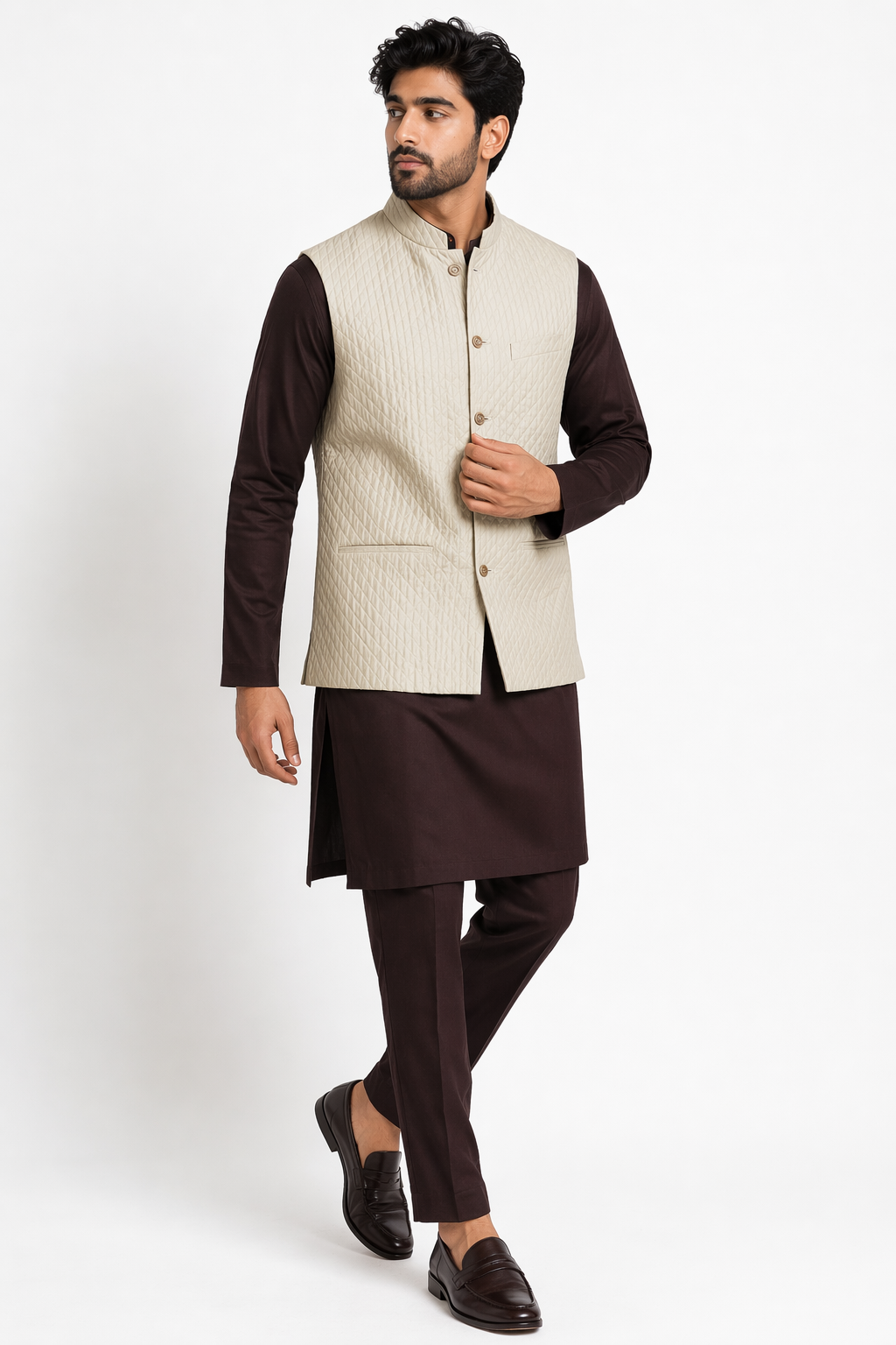 Violet Katan Silk Kurta Set with Quilted Beige Nehru Jacket & Pant