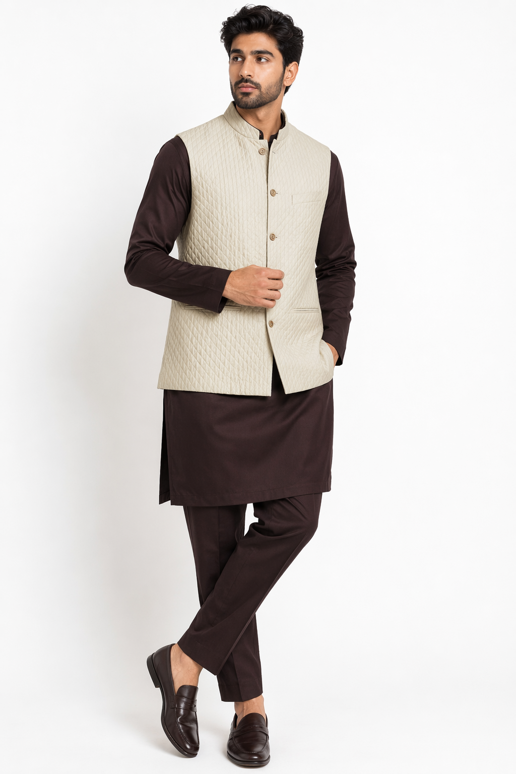 Violet Katan Silk Kurta Set with Quilted Beige Nehru Jacket & Pant