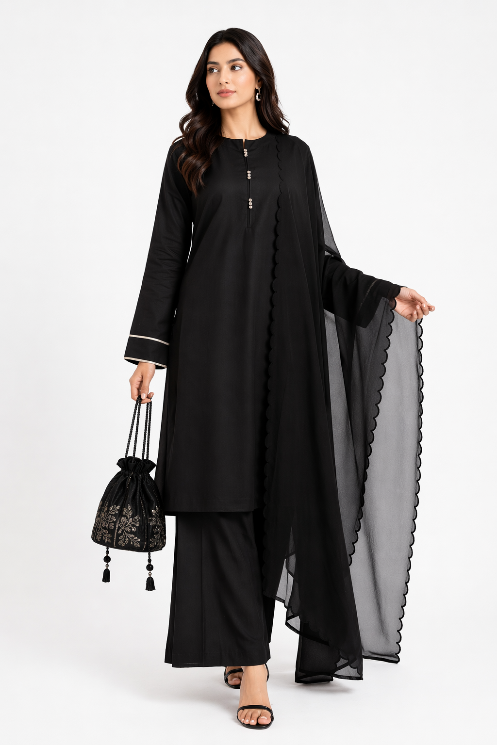 Black Katan Silk Kurti Set with Bell Bottom & Organza Dupatta