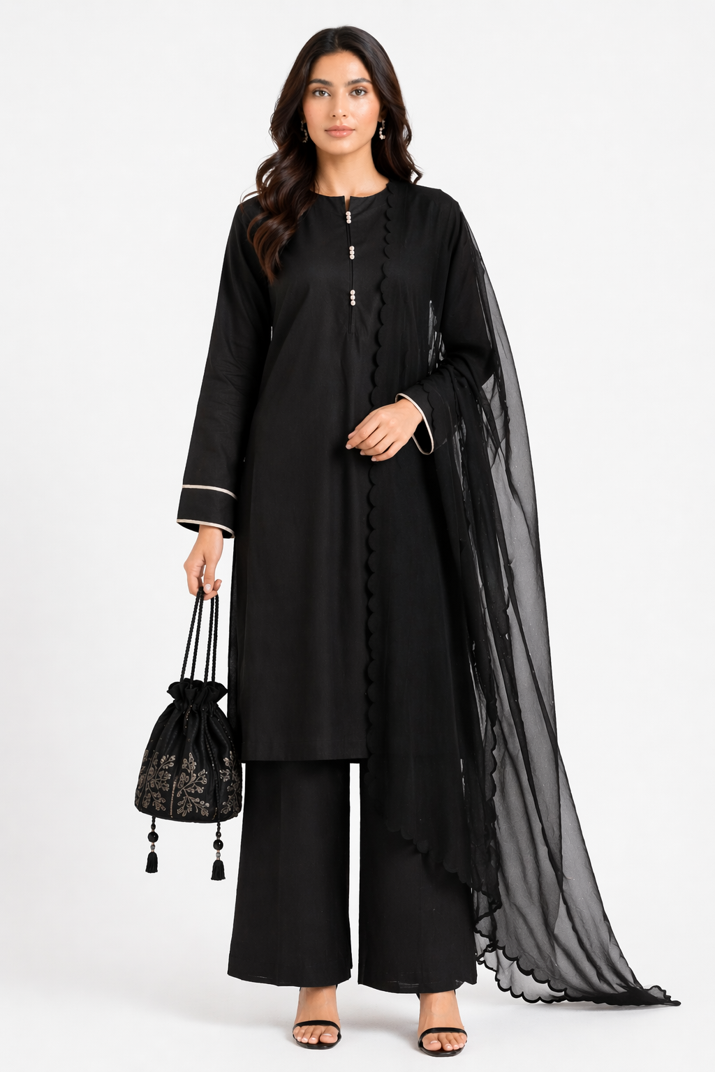 Black Katan Silk Kurti Set with Bell Bottom & Organza Dupatta