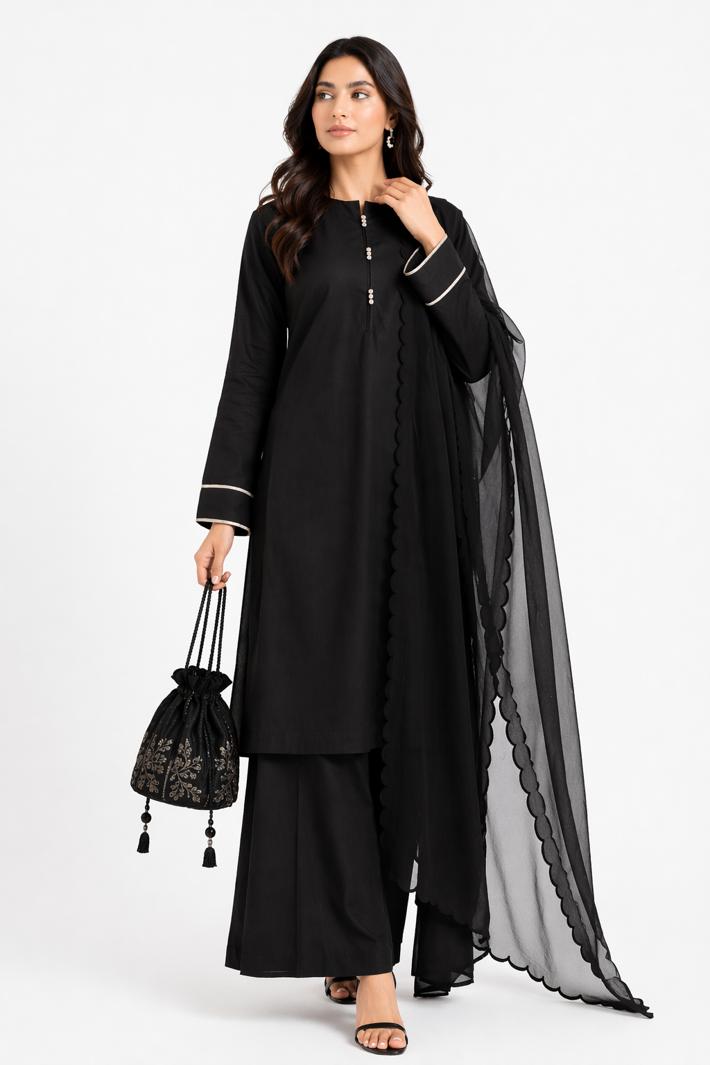 Black Katan Silk Kurti Set with Bell Bottom & Organza Dupatta