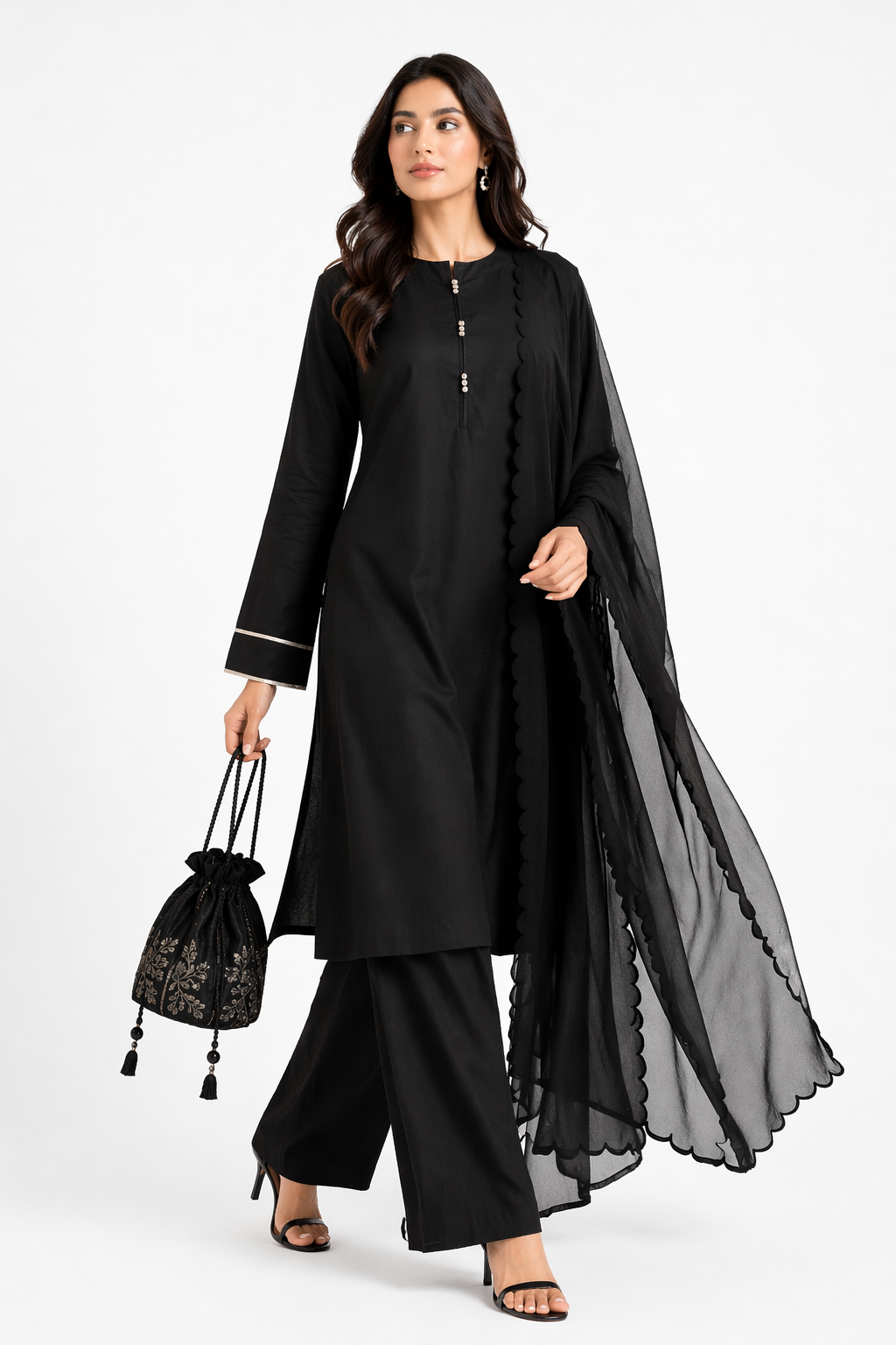 Black Katan Silk Kurti Set with Bell Bottom & Organza Dupatta