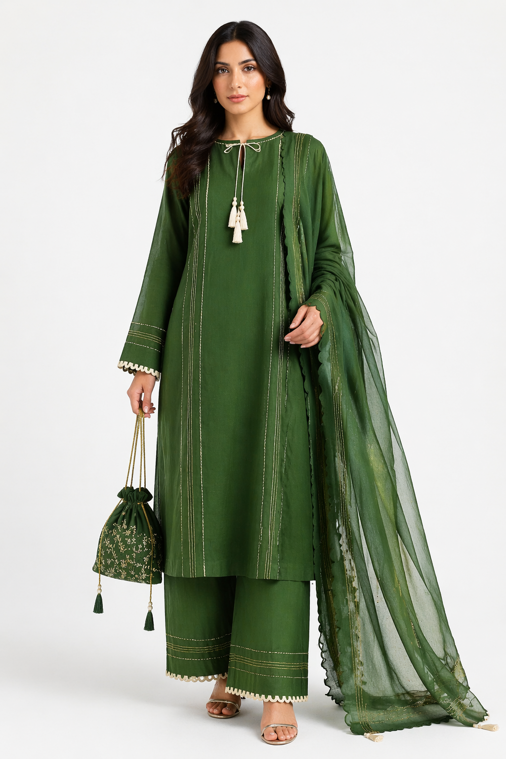 Olive Green Katan Silk Kurti Set with Pant & Organza Dupatta