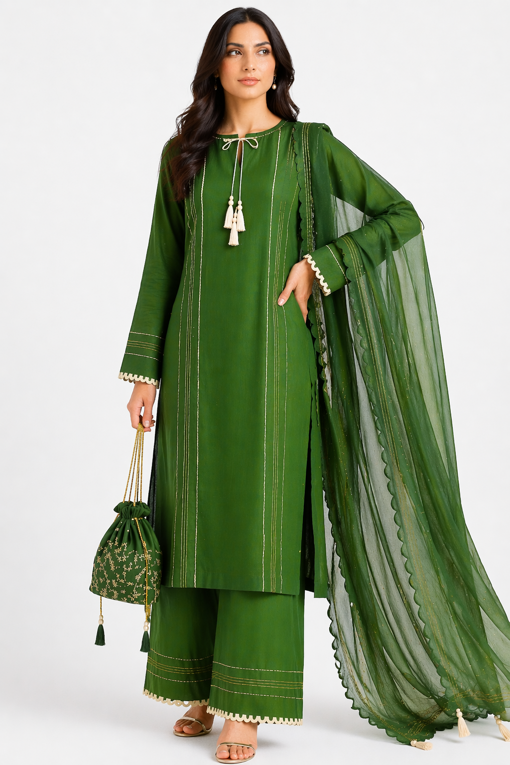 Olive Green Katan Silk Kurti Set with Pant & Organza Dupatta