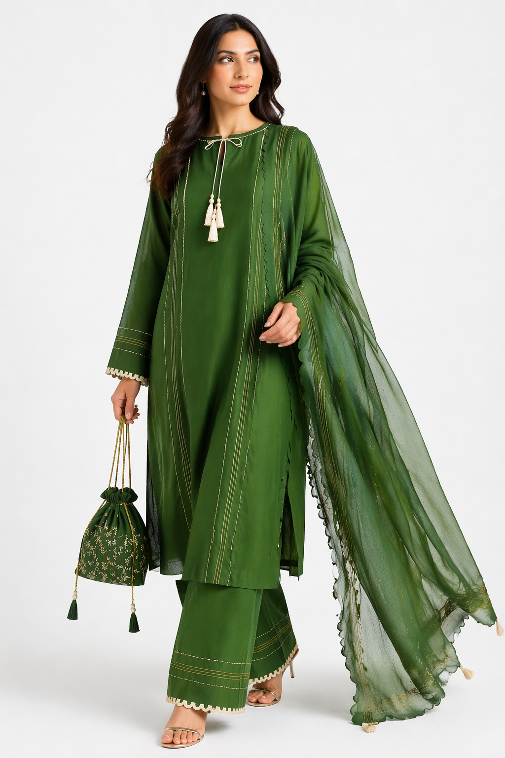 Olive Green Katan Silk Kurti Set with Pant & Organza Dupatta