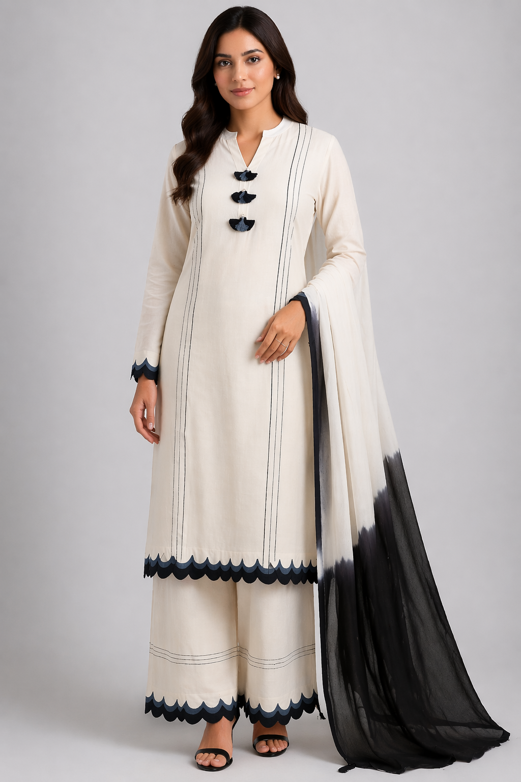 Off White Katan Silk Kurti Set with Pant & Bangni Organza Dupatta