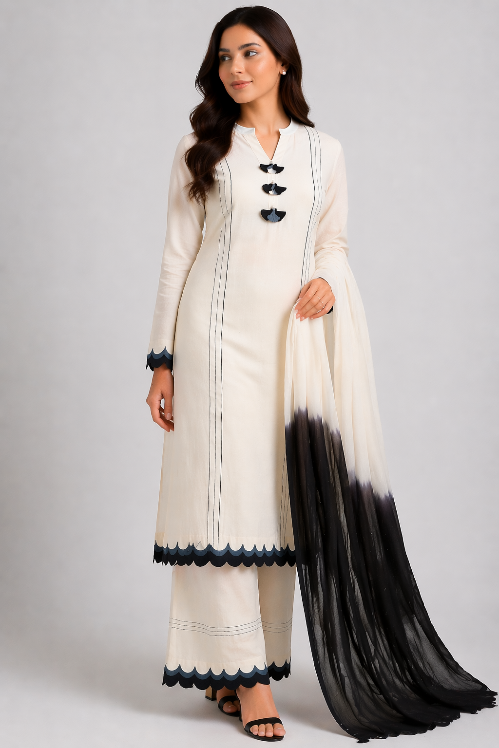 Off White Katan Silk Kurti Set with Pant & Bangni Organza Dupatta