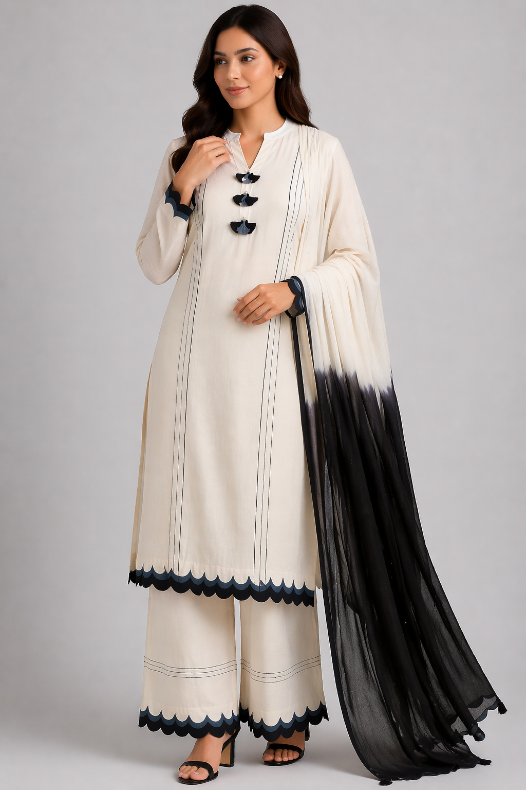 Off White Katan Silk Kurti Set with Pant & Bangni Organza Dupatta