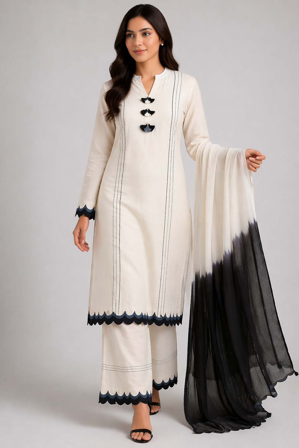 Off White Katan Silk Kurti Set with Pant & Bangni Organza Dupatta