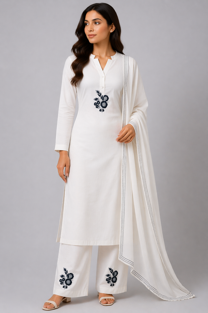 White Katan Silk Kurti Set with Pant & Chanderi Dupatta