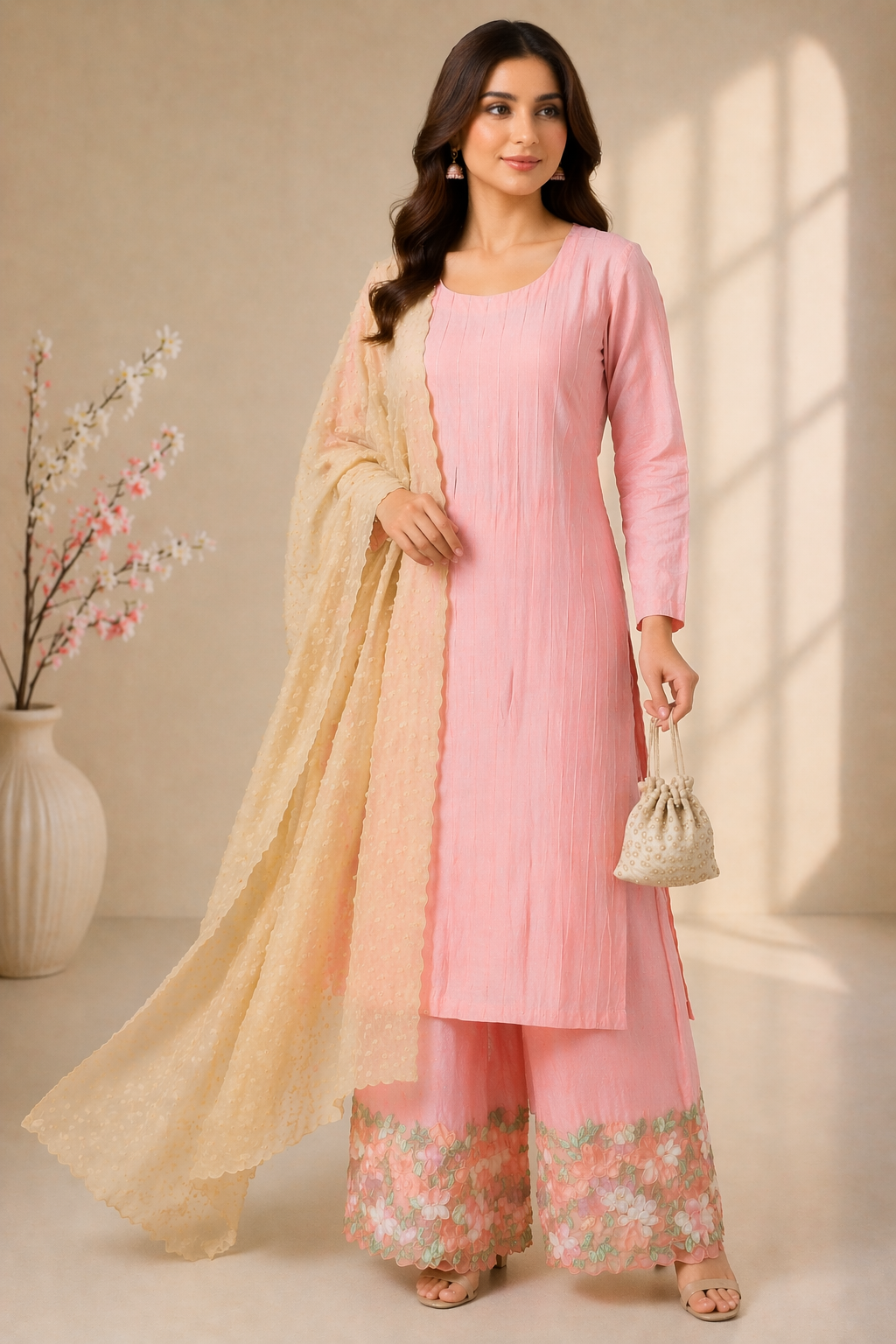 Peach Katan Silk Kurti Set with Palazzo & Beige Viscose Dupatta