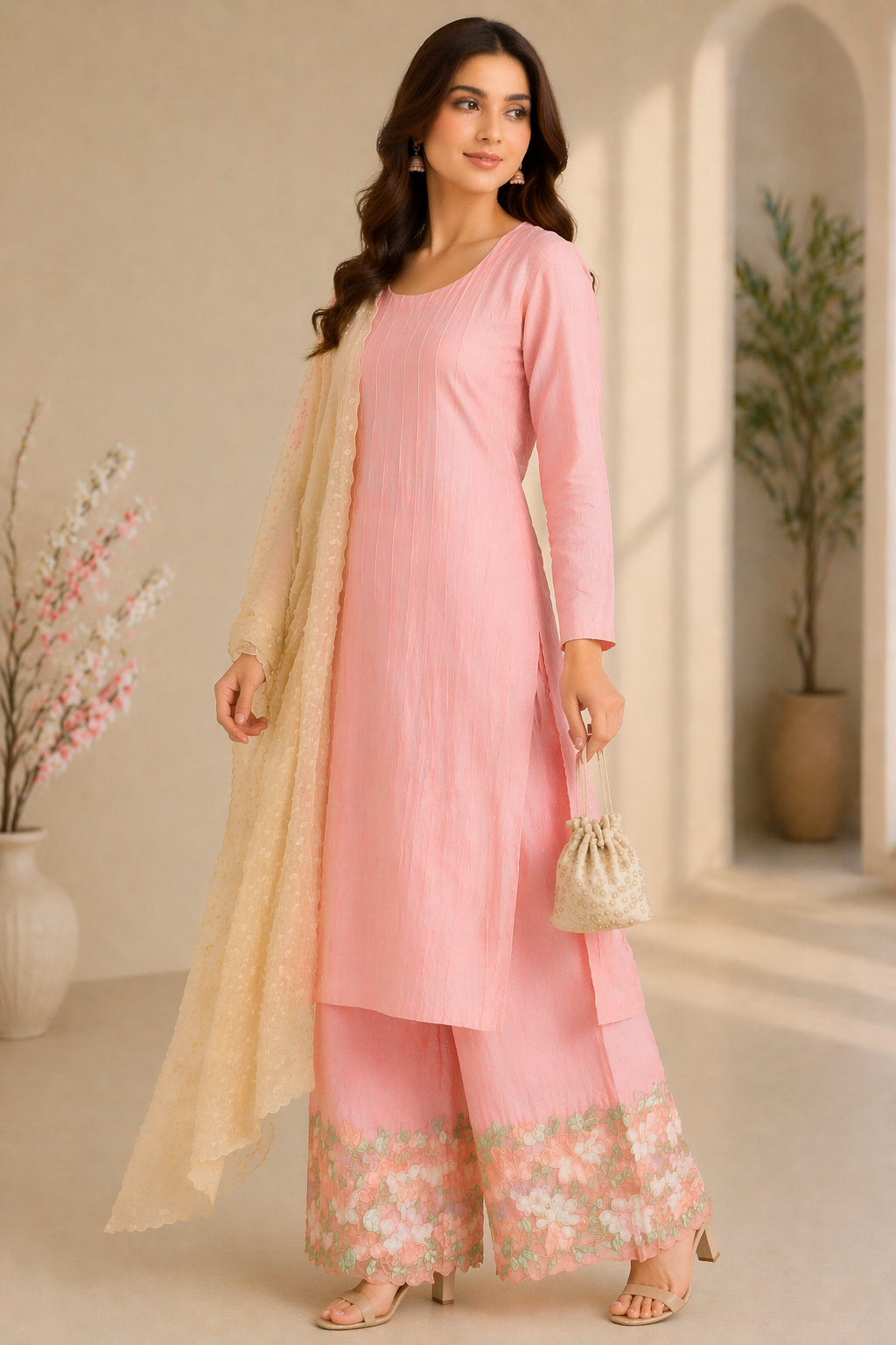 Peach Katan Silk Kurti Set with Palazzo & Beige Viscose Dupatta