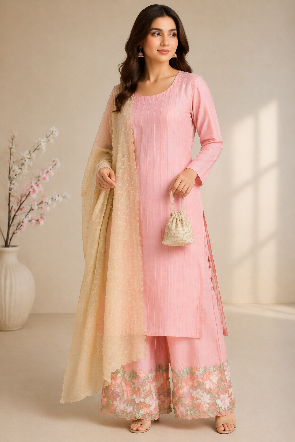 Peach Katan Silk Kurti Set with Palazzo & Beige Viscose Dupatta