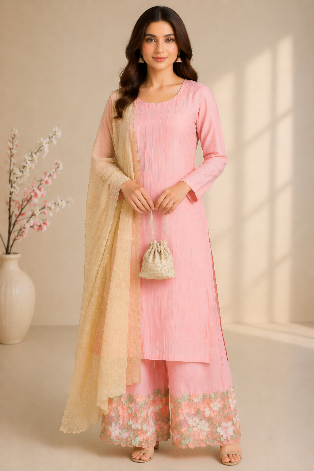 Peach Katan Silk Kurti Set with Palazzo & Beige Viscose Dupatta