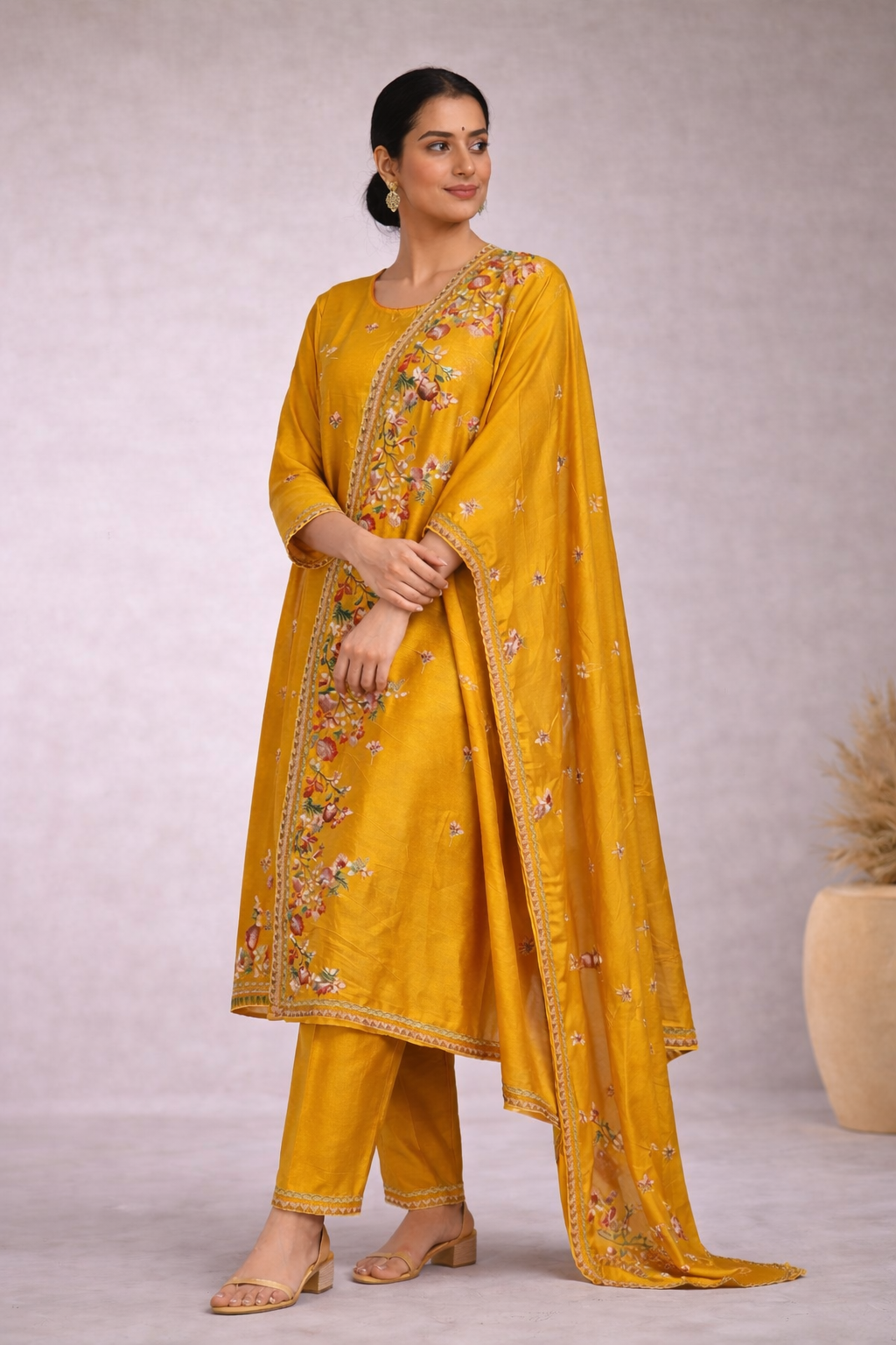 Mustard Yellow Chanderi Semi-Stitched Suit Set