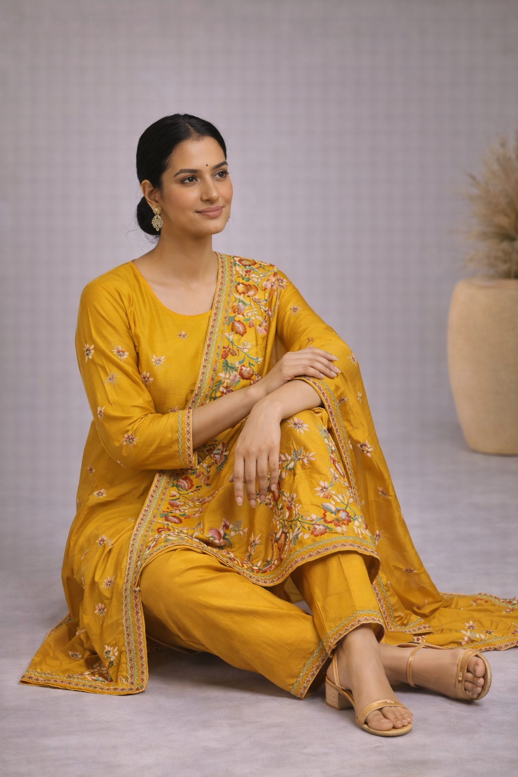 Mustard Yellow Chanderi Semi-Stitched Suit Set