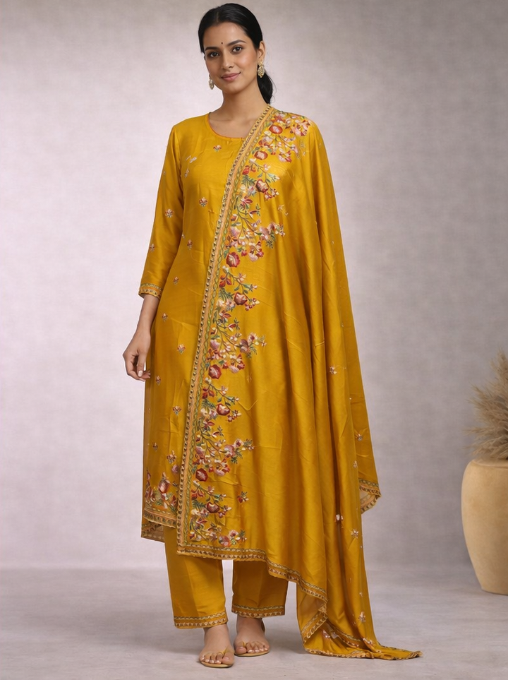 Mustard Yellow Chanderi Semi-Stitched Suit Set