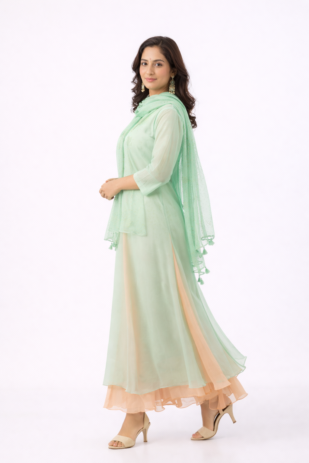 Buy Mist Green Chiffon Gown with Chanderi Dupatta