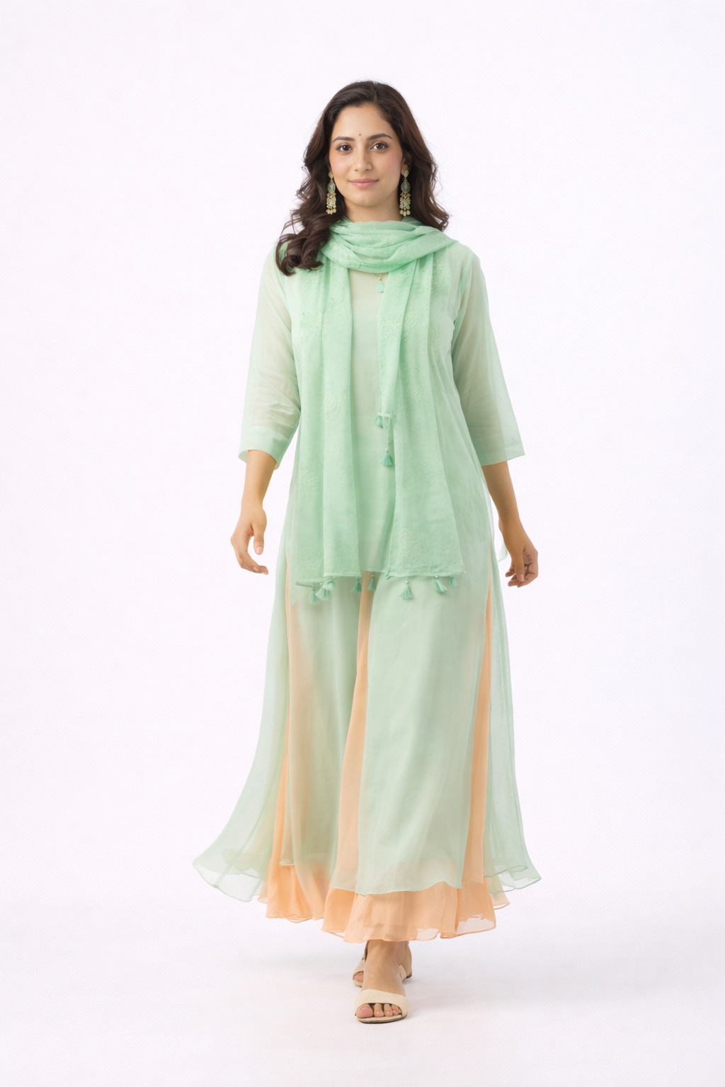 Buy Mist Green Chiffon Gown with Chanderi Dupatta