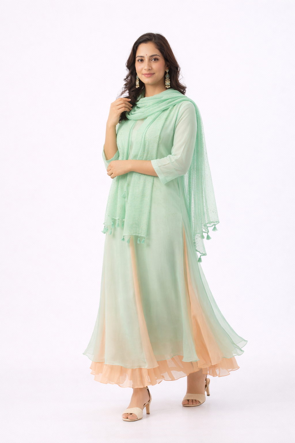 Buy Mist Green Chiffon Gown with Chanderi Dupatta