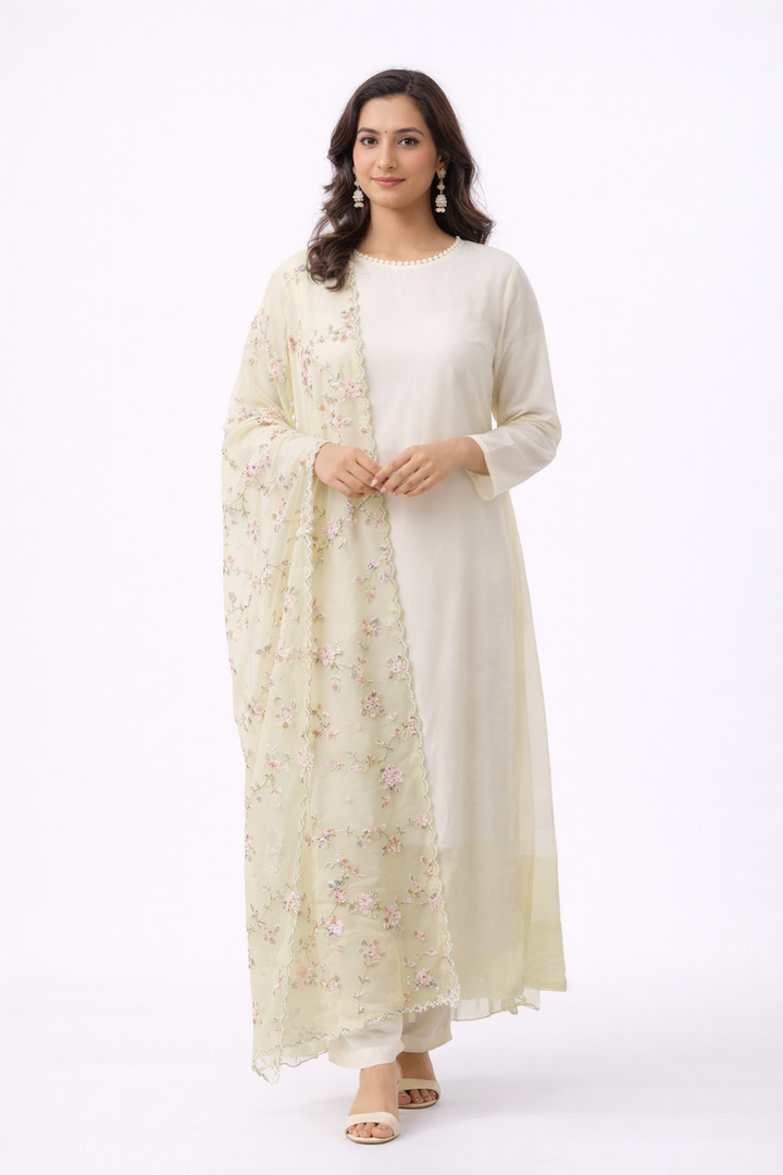Buy Lime Yellow Shaded Kurti Set with Organza Dupatta