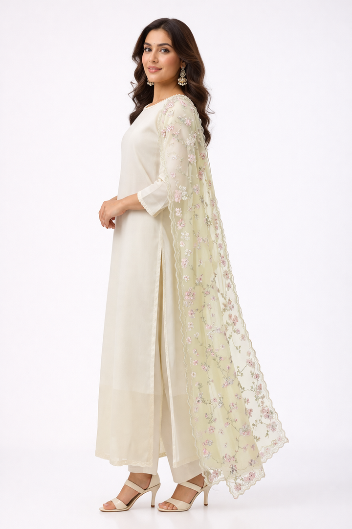 Buy Lime Yellow Shaded Kurti Set with Organza Dupatta