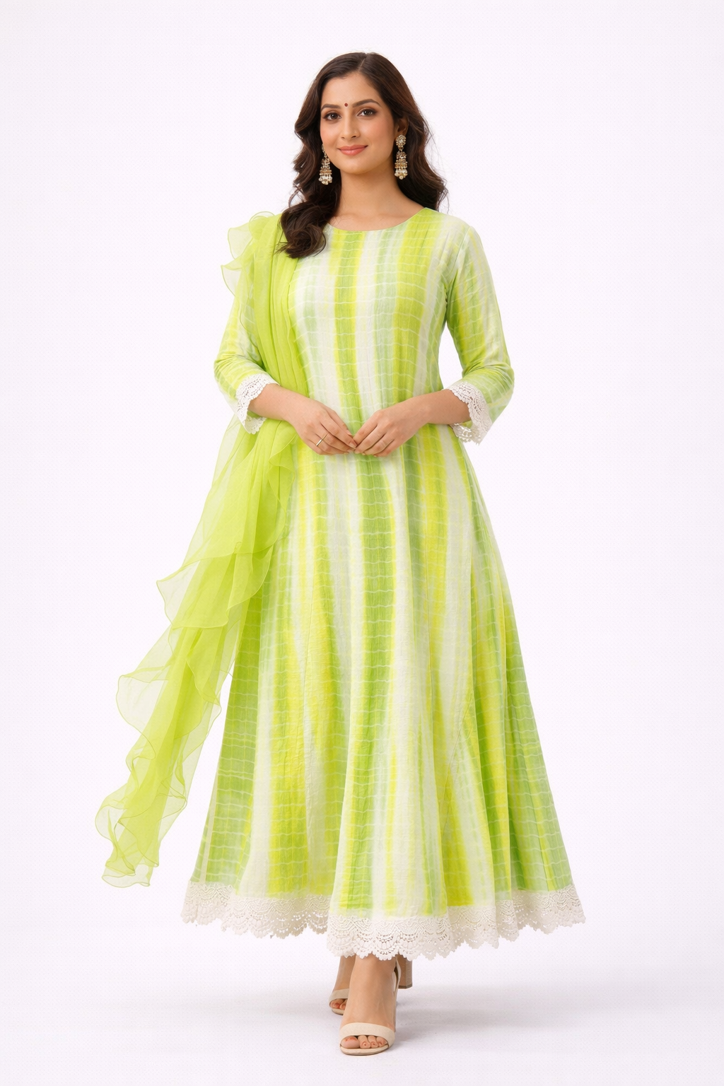 Neon Green Tie-Dye Anarkali with Organza Dupatta
