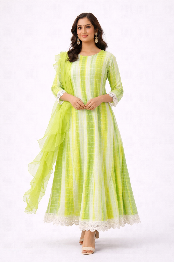 Neon Green Tie-Dye Anarkali with Organza Dupatta
