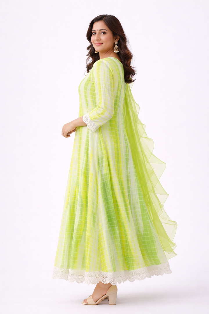 Neon Green Tie-Dye Anarkali with Organza Dupatta