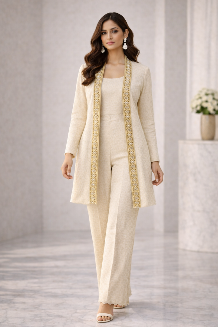 Light Beige Katan Silk Co-ord Set with Jacket & Jumpsuit