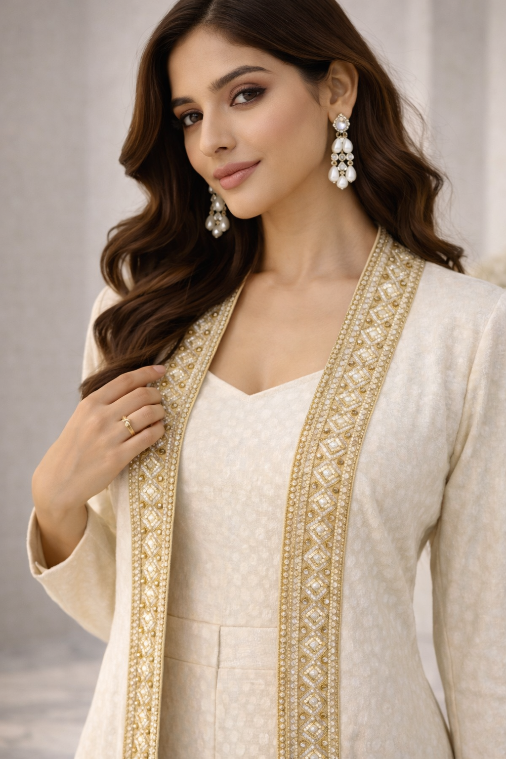 Light Beige Katan Silk Co-ord Set with Jacket & Jumpsuit