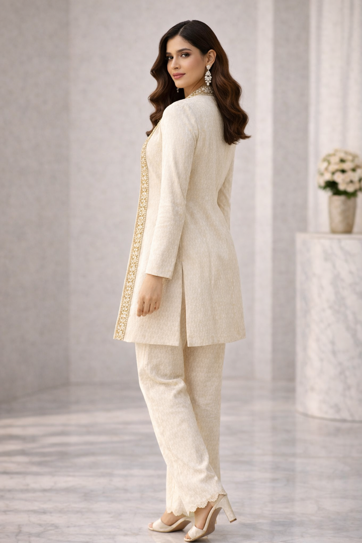 Light Beige Katan Silk Co-ord Set with Jacket & Jumpsuit