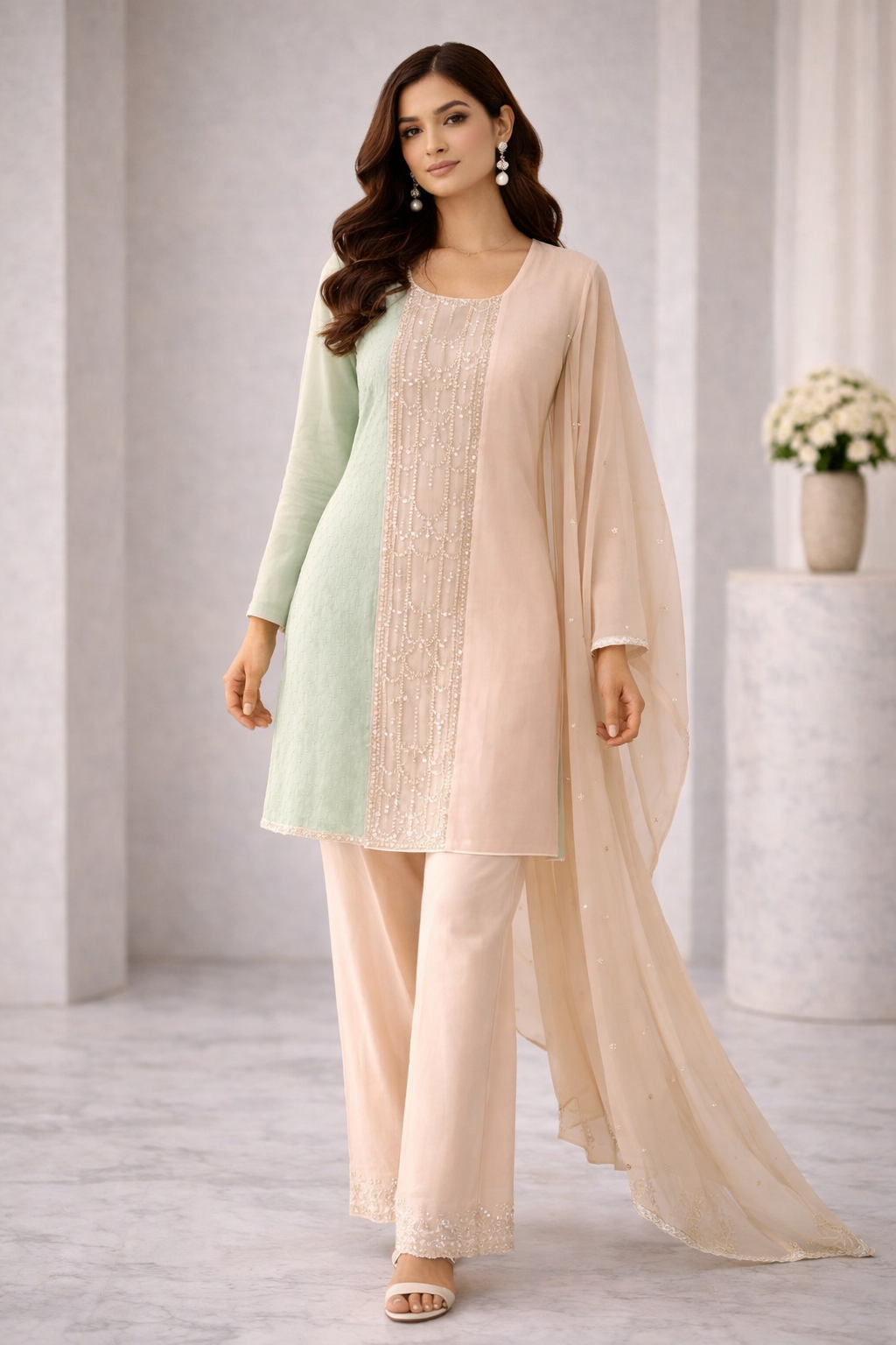 Pink & Green Chinon Kurta Sharara Set with Hand Moti Katdana Work