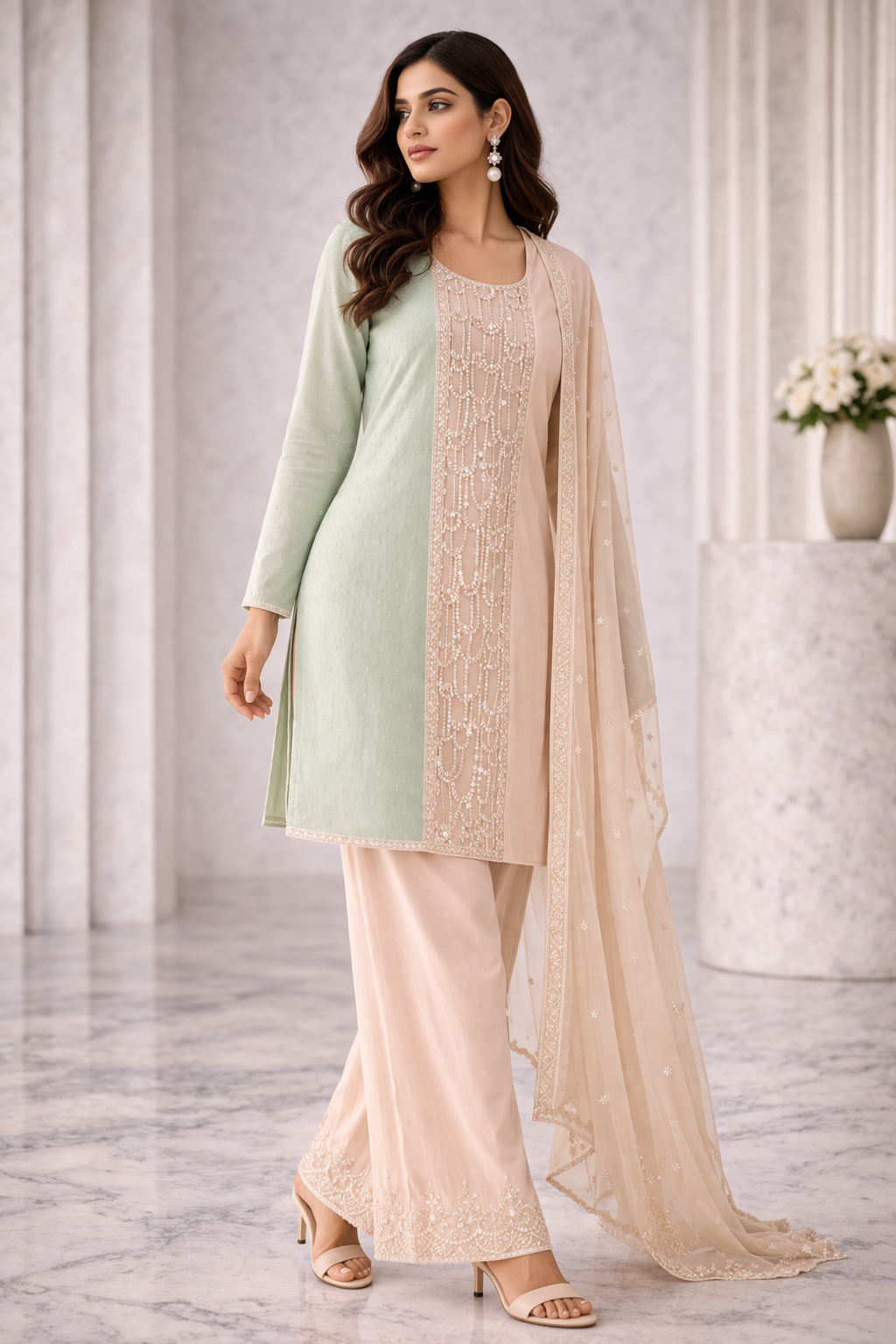 Pink & Green Chinon Kurta Sharara Set with Hand Moti Katdana Work