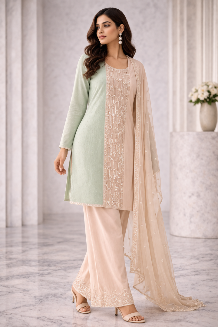 Pink & Green Chinon Kurta Sharara Set with Hand Moti Katdana Work