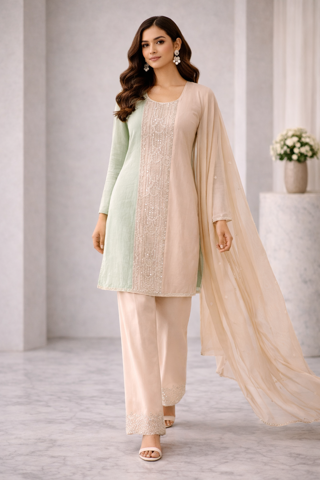 Pink & Green Chinon Kurta Sharara Set with Hand Moti Katdana Work