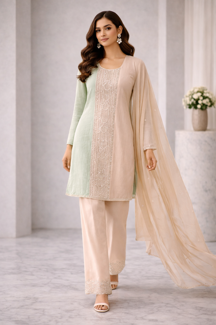 Pink & Green Chinon Kurta Sharara Set with Hand Moti Katdana Work