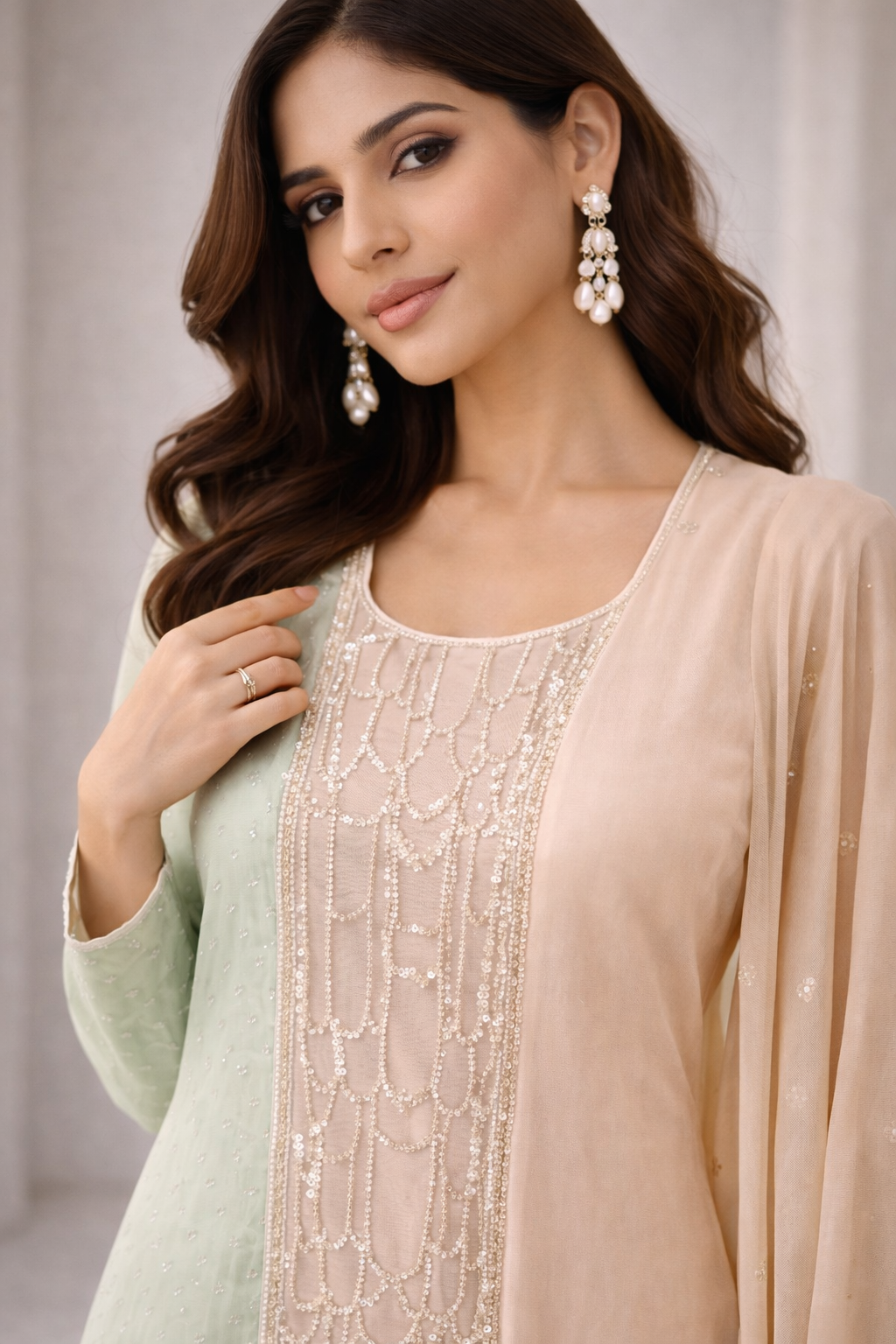 Pink & Green Chinon Kurta Sharara Set with Hand Moti Katdana Work