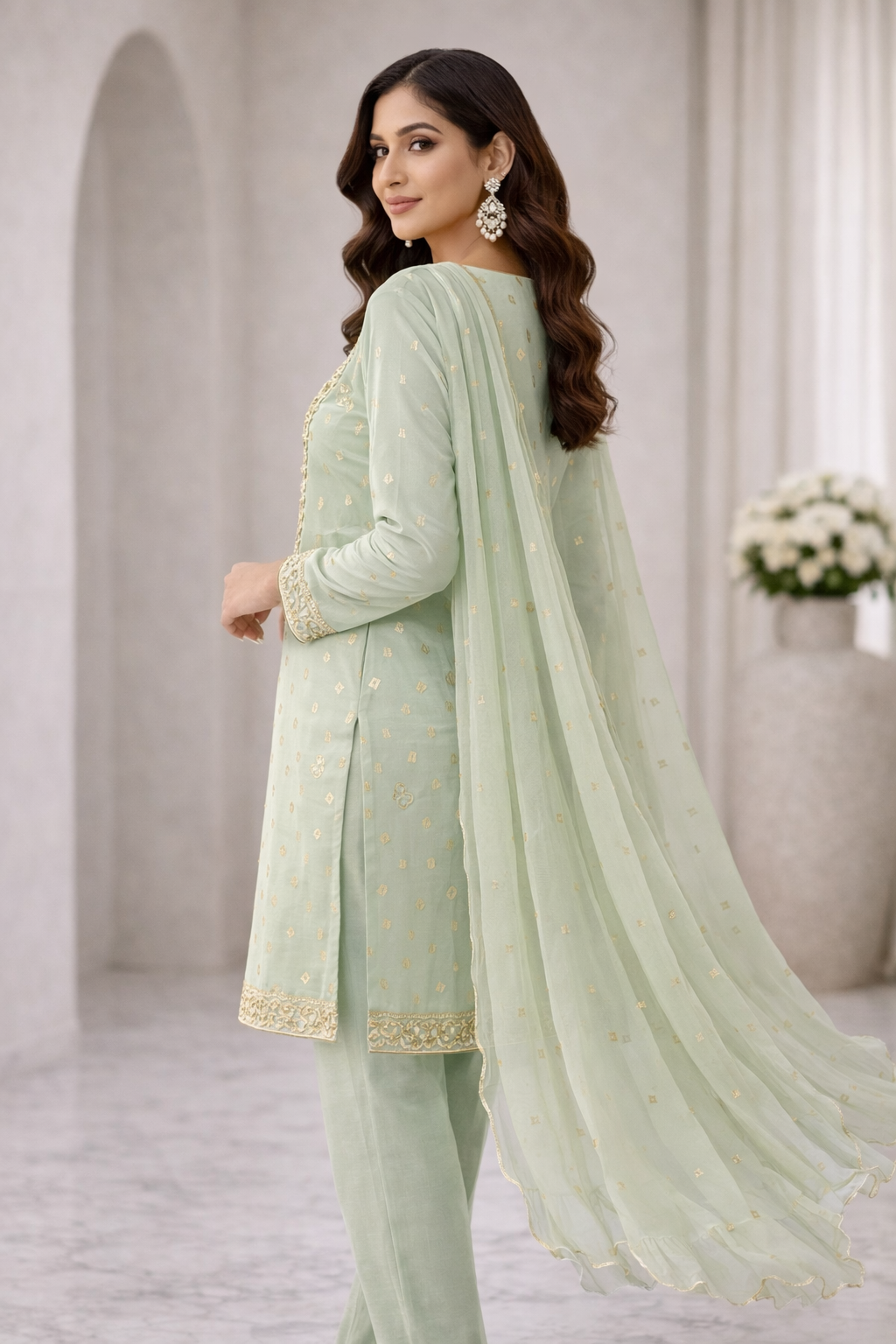 Mint Green Foil Print Kurti Set with Organza Dupatta