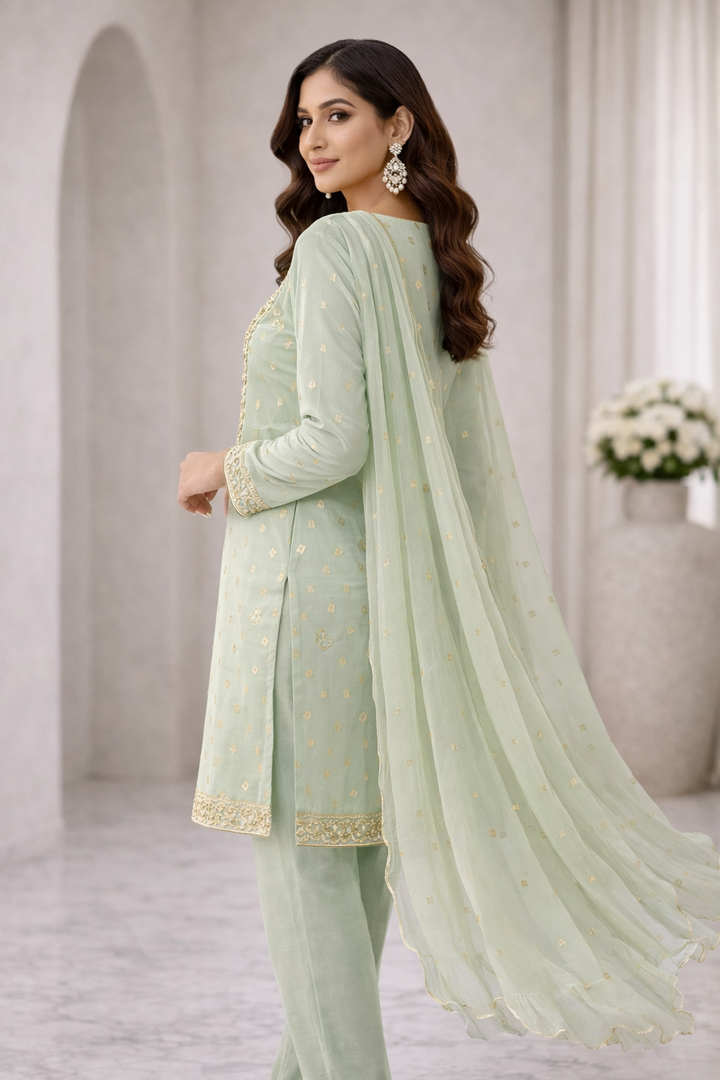 Mint Green Foil Print Kurti Set with Organza Dupatta