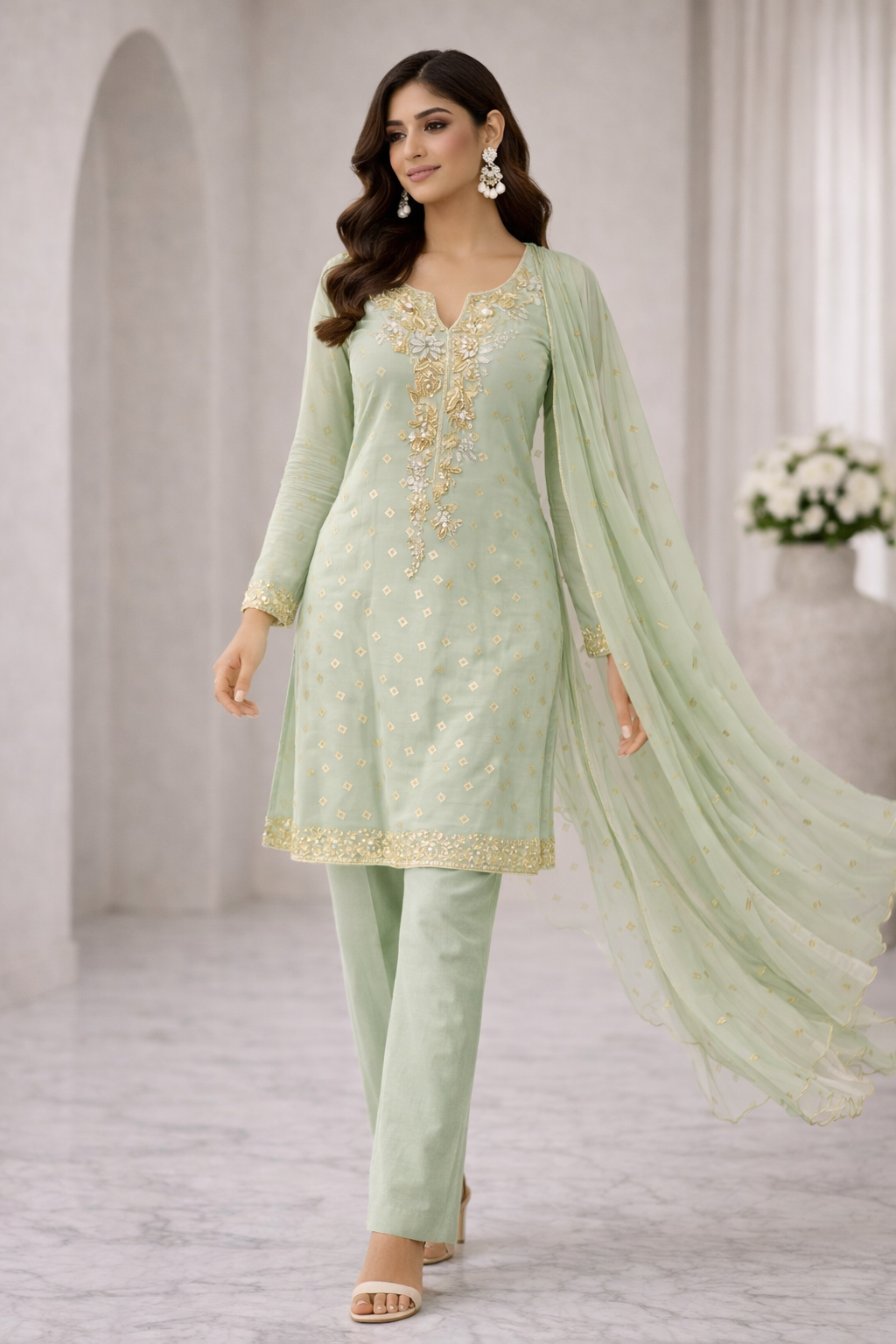 Mint Green Foil Print Kurti Set with Organza Dupatta