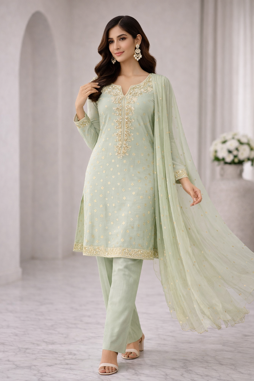 Mint Green Foil Print Kurti Set with Organza Dupatta