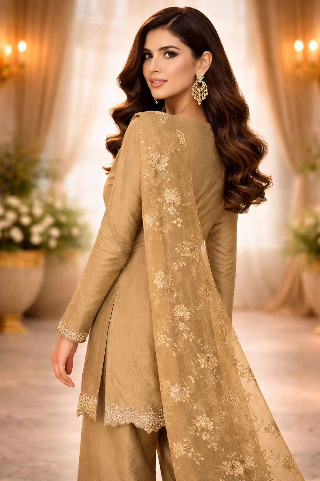 Rush Gold Banarasi Foil Print Kurta Set with Katan Silk Dupatta & Hand Dabka Work